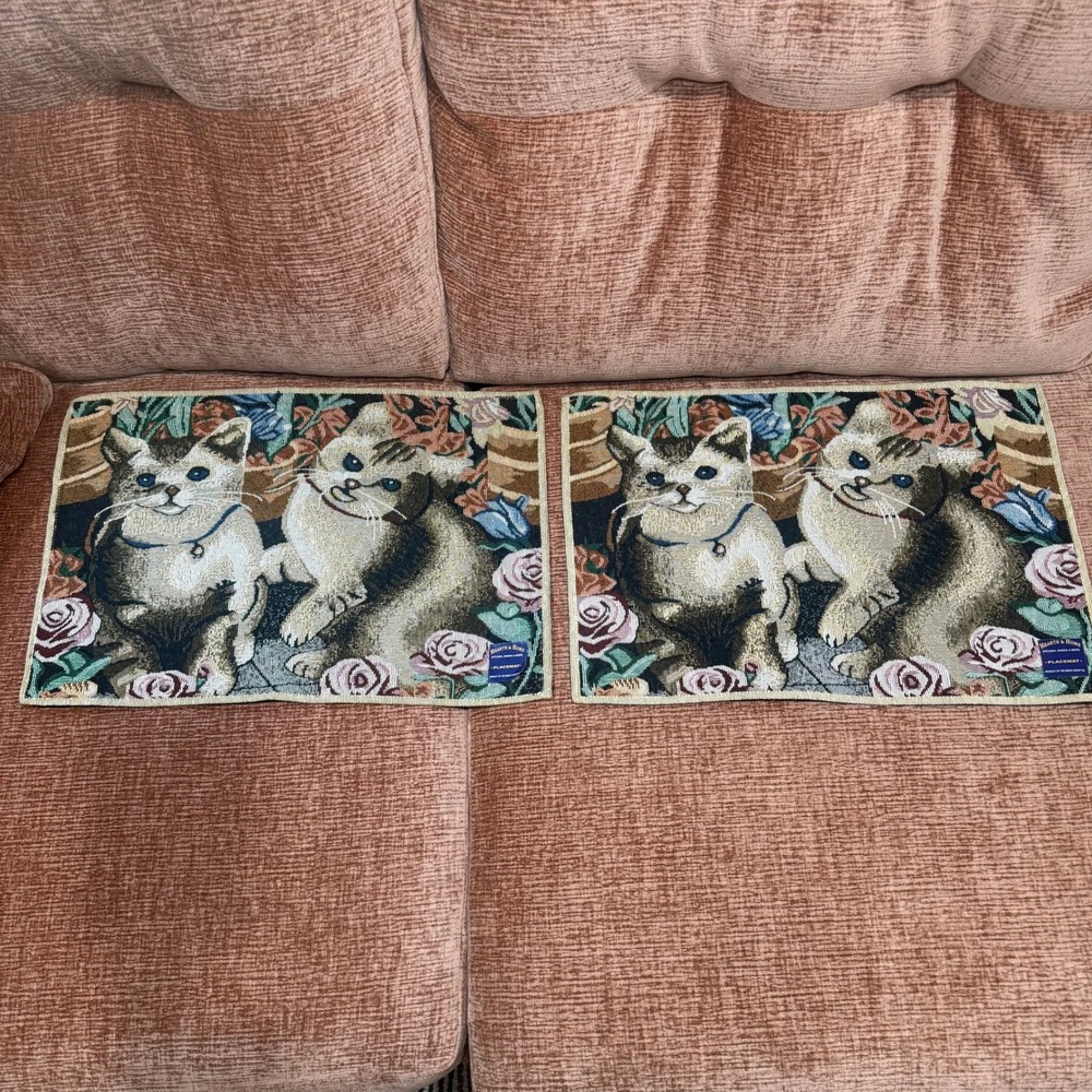Vintage Hearth & Home Tapestry Placemats‎ Kittens Roses Set of 2 Nidico